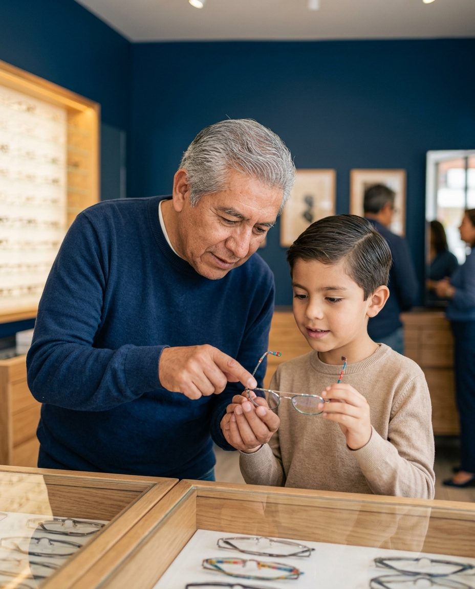 Abuelo y nieto eligiendo armazones en Atelier Visual