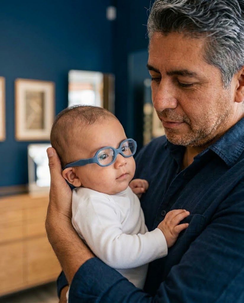 Bebé con lentes infantiles en brazos de su papá