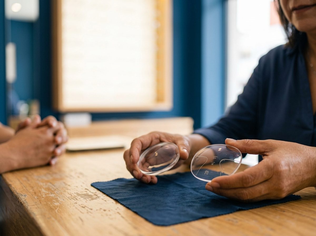 Profesional mostrando dos opciones de lentes sobre una mesa de madera