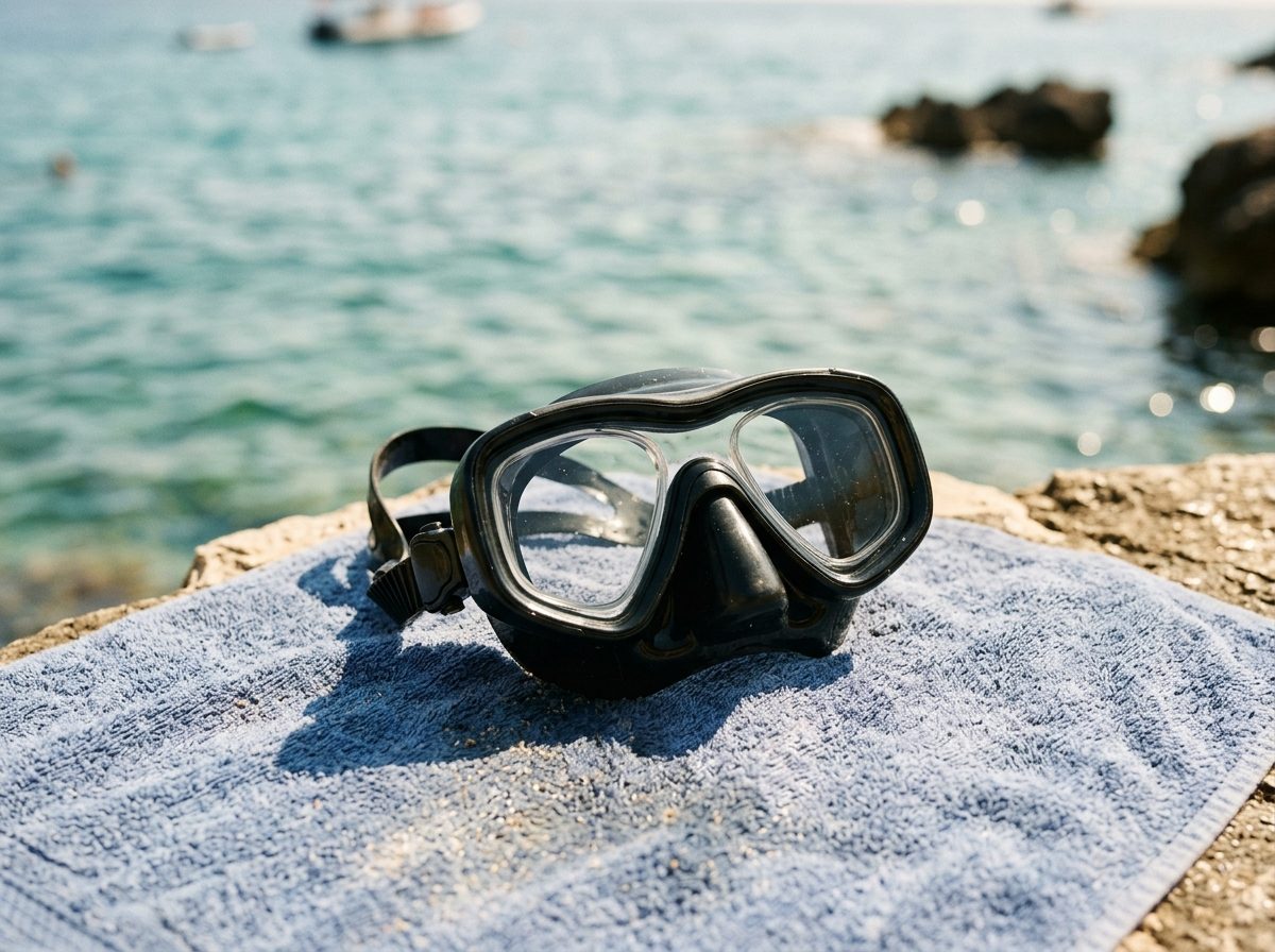 Visor de buceo graduado sobre una toalla junto al mar