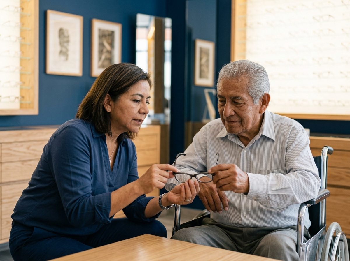 Profesional y adulto mayor revisando juntos unos lentes