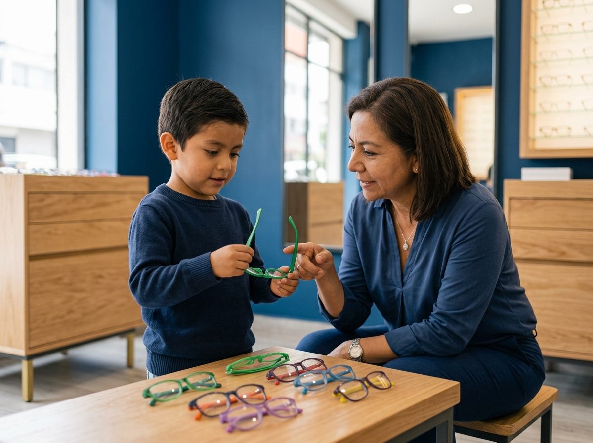 Niño eligiendo armazón con una profesional a su altura