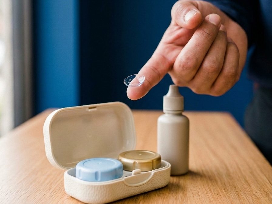 Estuche de lentes de contacto, solución y un lente sobre la mesa