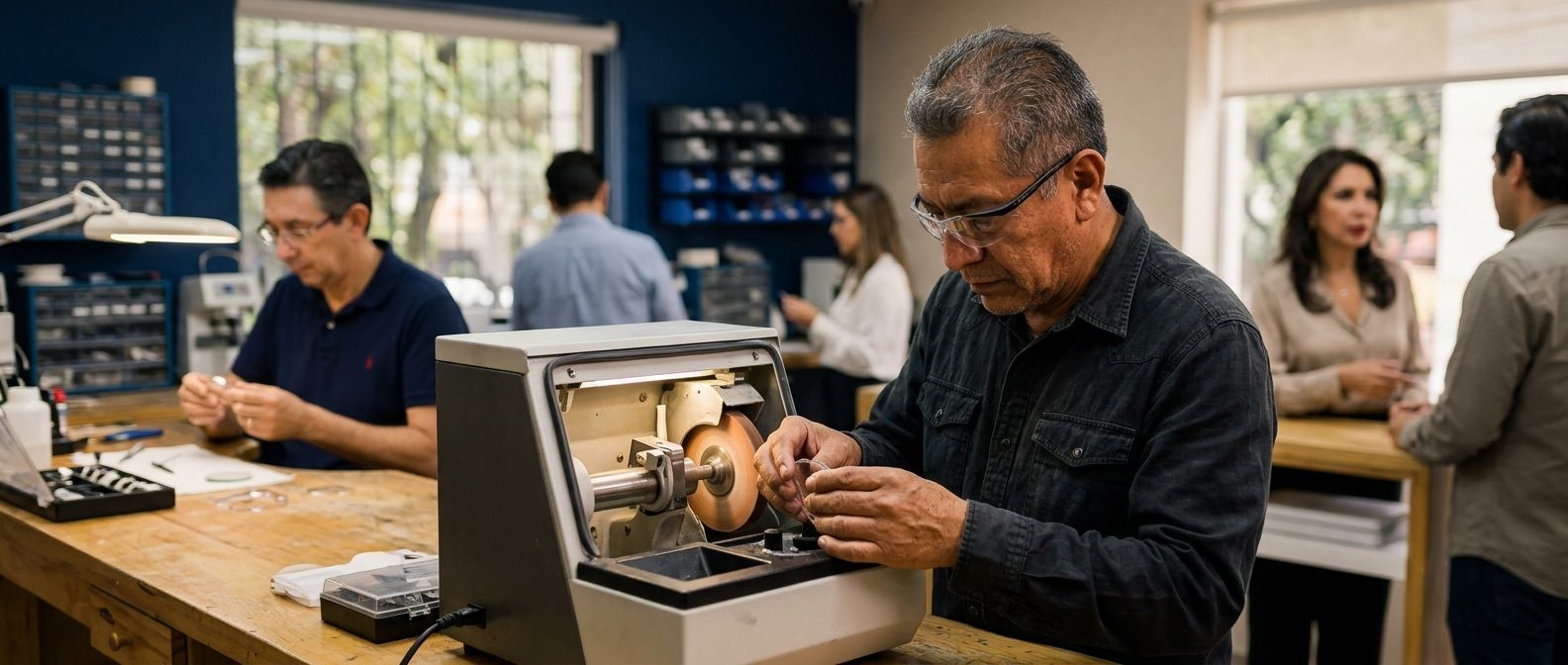 Técnico biselando un lente en el taller óptico