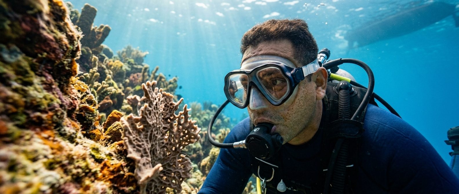 Buzo bajo el agua con su visor graduado
