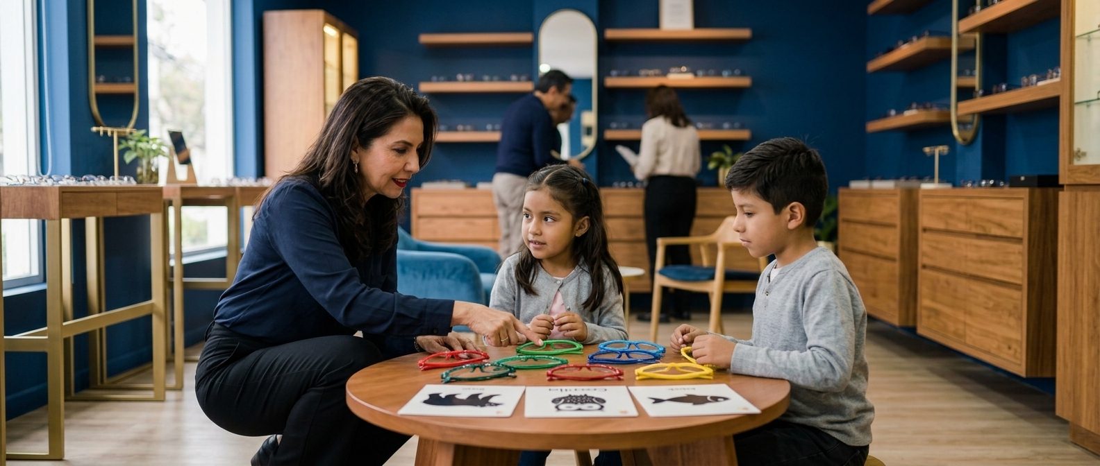 Niñas y niños eligiendo armazones de colores con una profesional