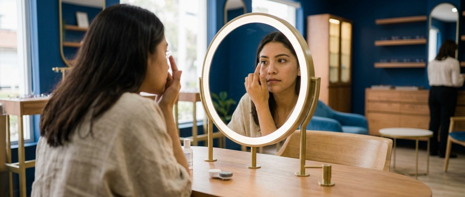 Mujer colocándose un lente de contacto frente al espejo