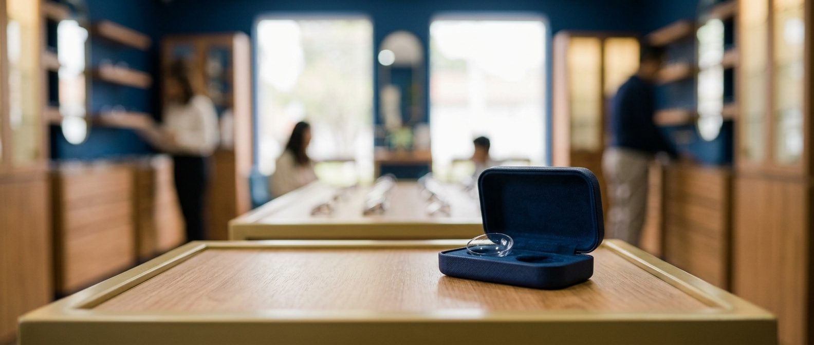 Estuche de lentes sobre la mesa de Atelier Visual