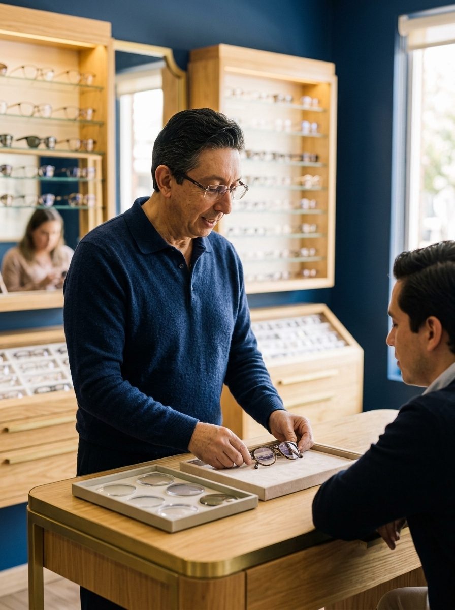 Profesional mostrando opciones de lentes a una persona