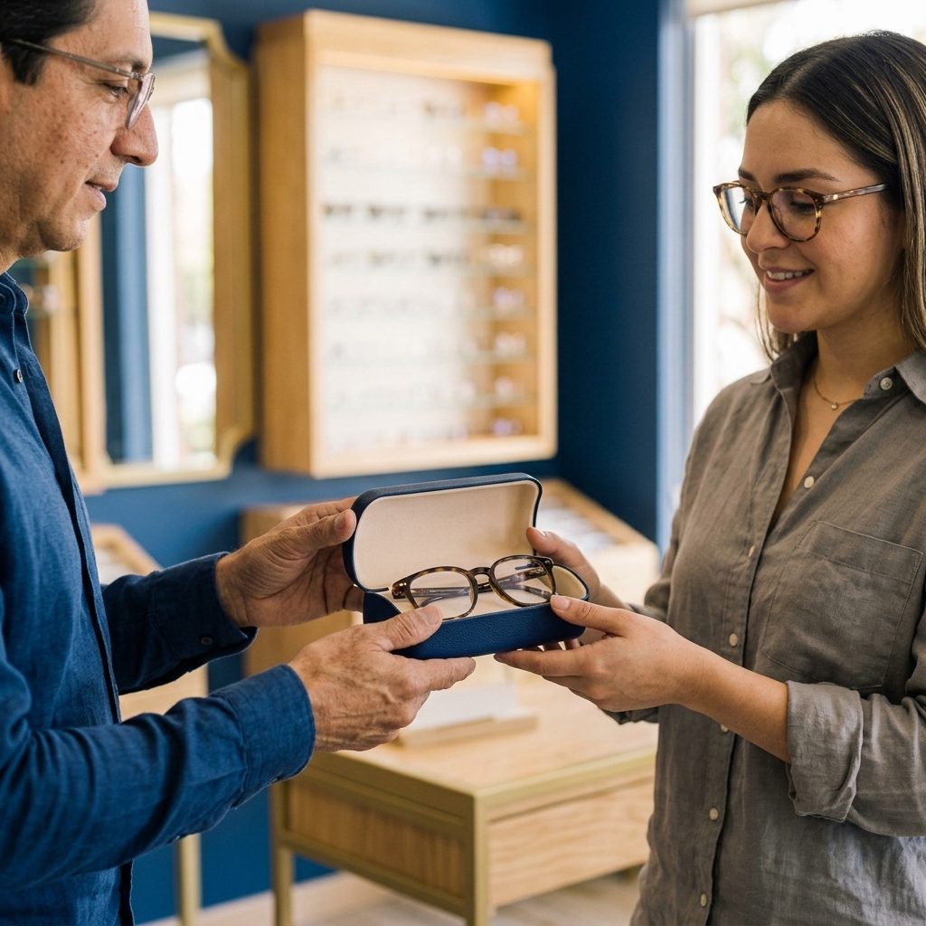 Profesional entregando unos lentes terminados en su estuche