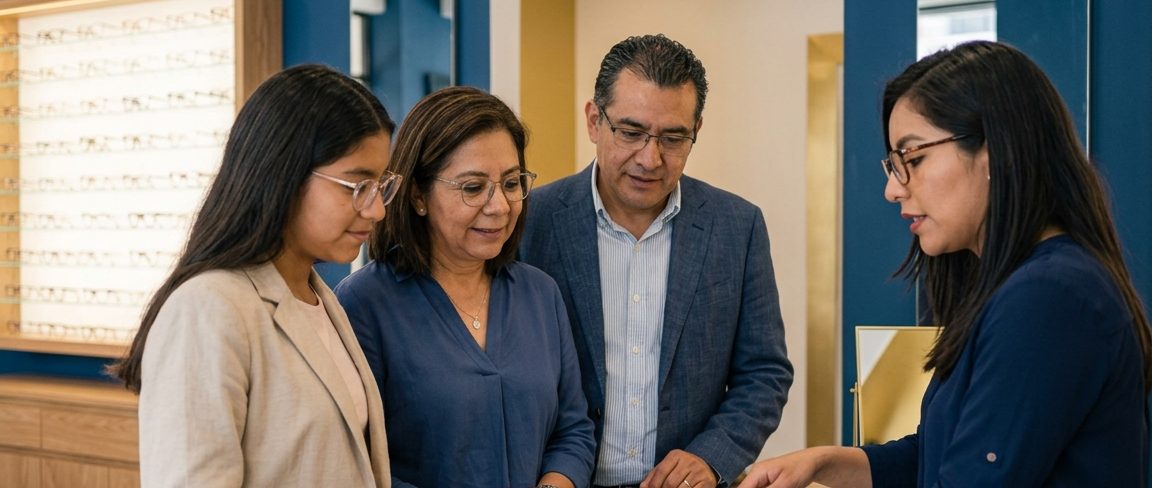 Familia conversando con una profesional en el mostrador
