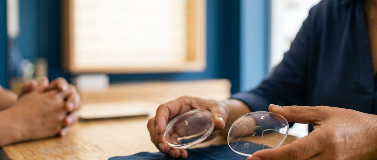 Profesional mostrando dos opciones de lentes
